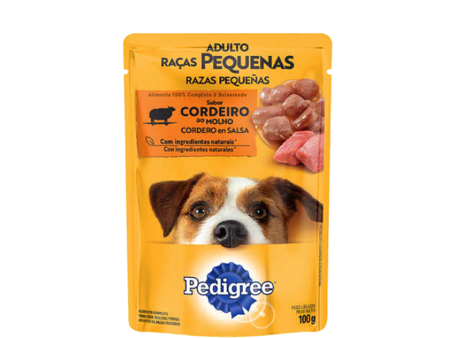 embalagem de pastosa da marca pedigree adulto raças pequenas sabor cordeiro